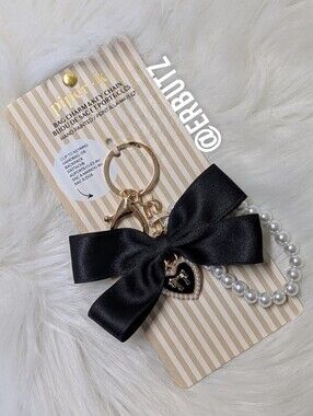 Piper K Black Chic Satin Bow, Pearl & Heart Bag Charm Keychain 🎀